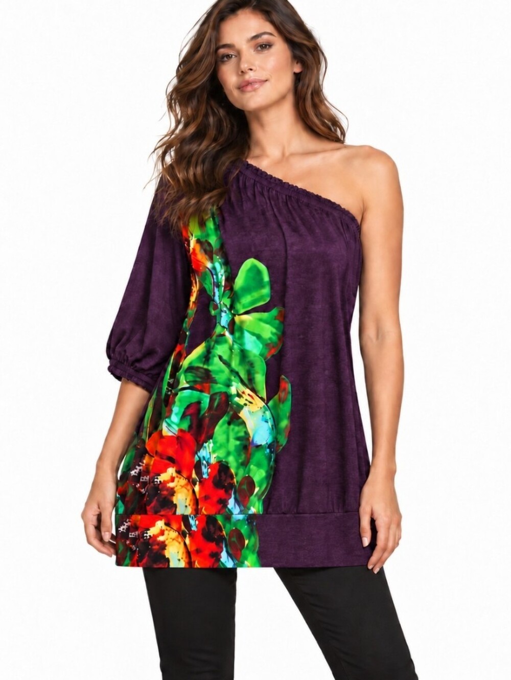Arden B Vintage Colorful One Sleeve Off Shoulder Tunic